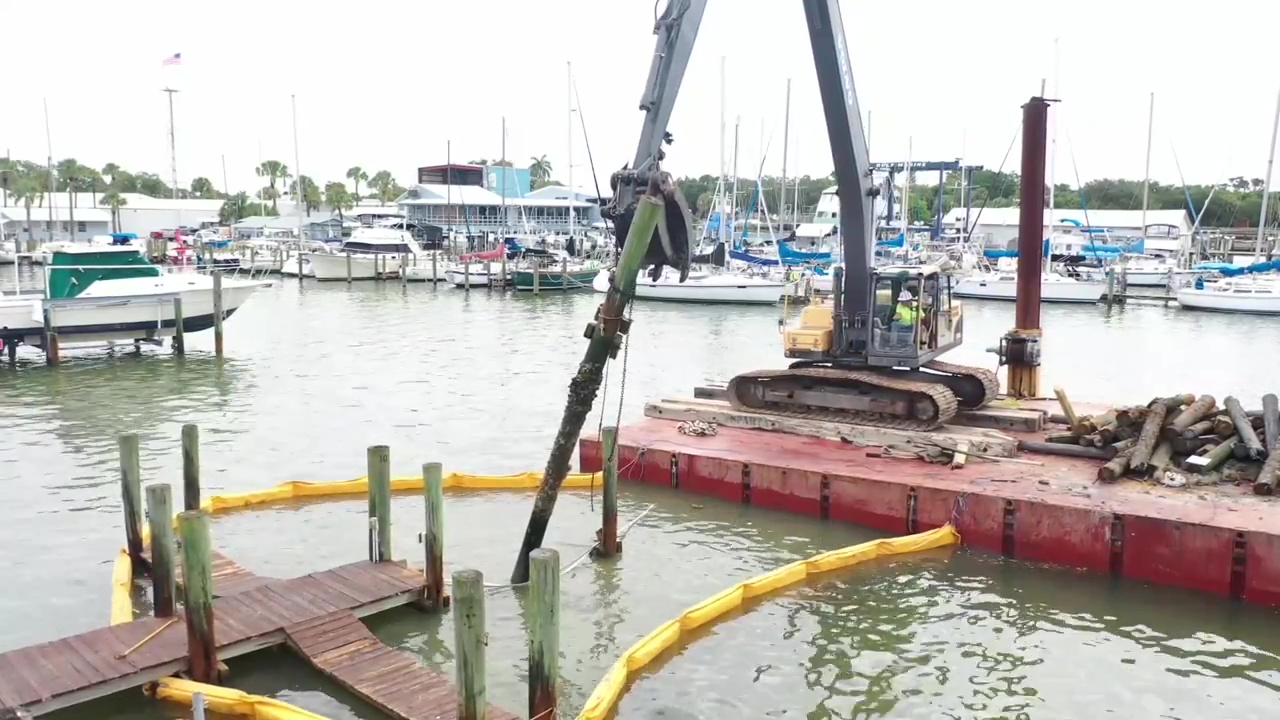 Docks being demolished for future seawall renovations at Gulf Star Marina
